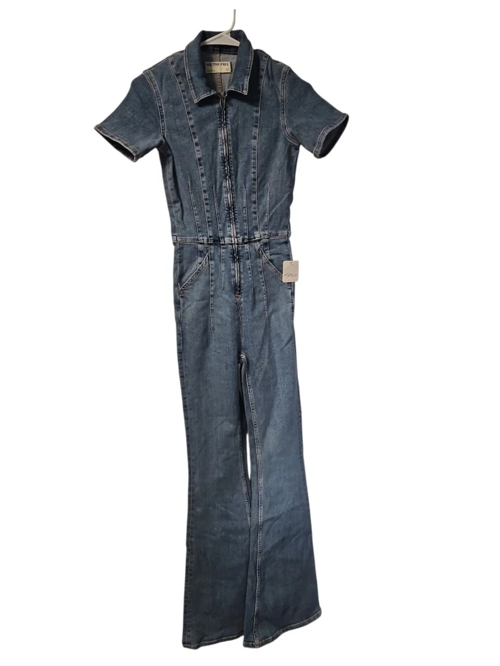 Free People Jayde Flare Denim Jumpsuit Sunburst Blue XS NWT